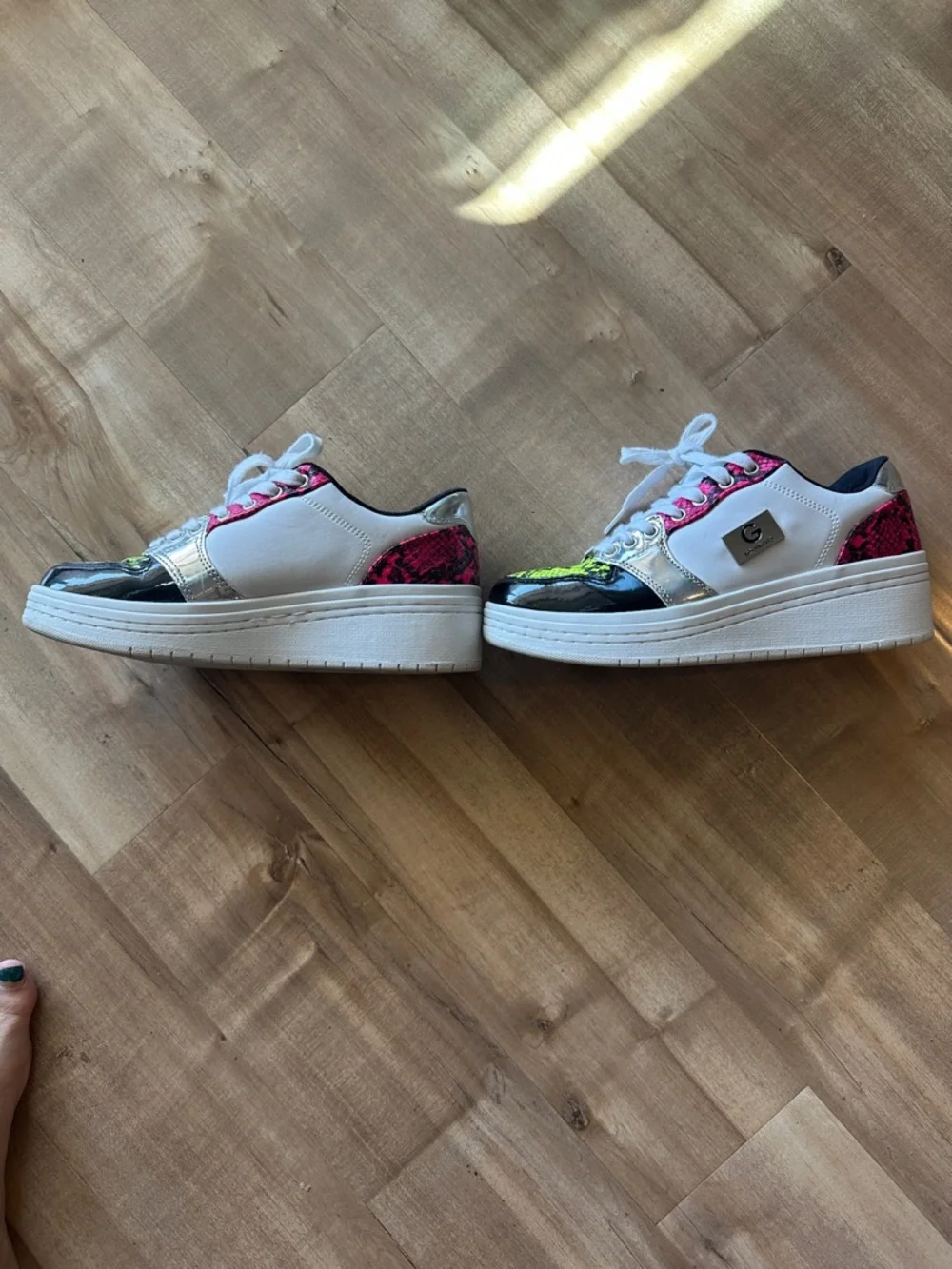 Guess White Platform Sneakers with Neon Pink and Neon Yellow Snakeskin Accents